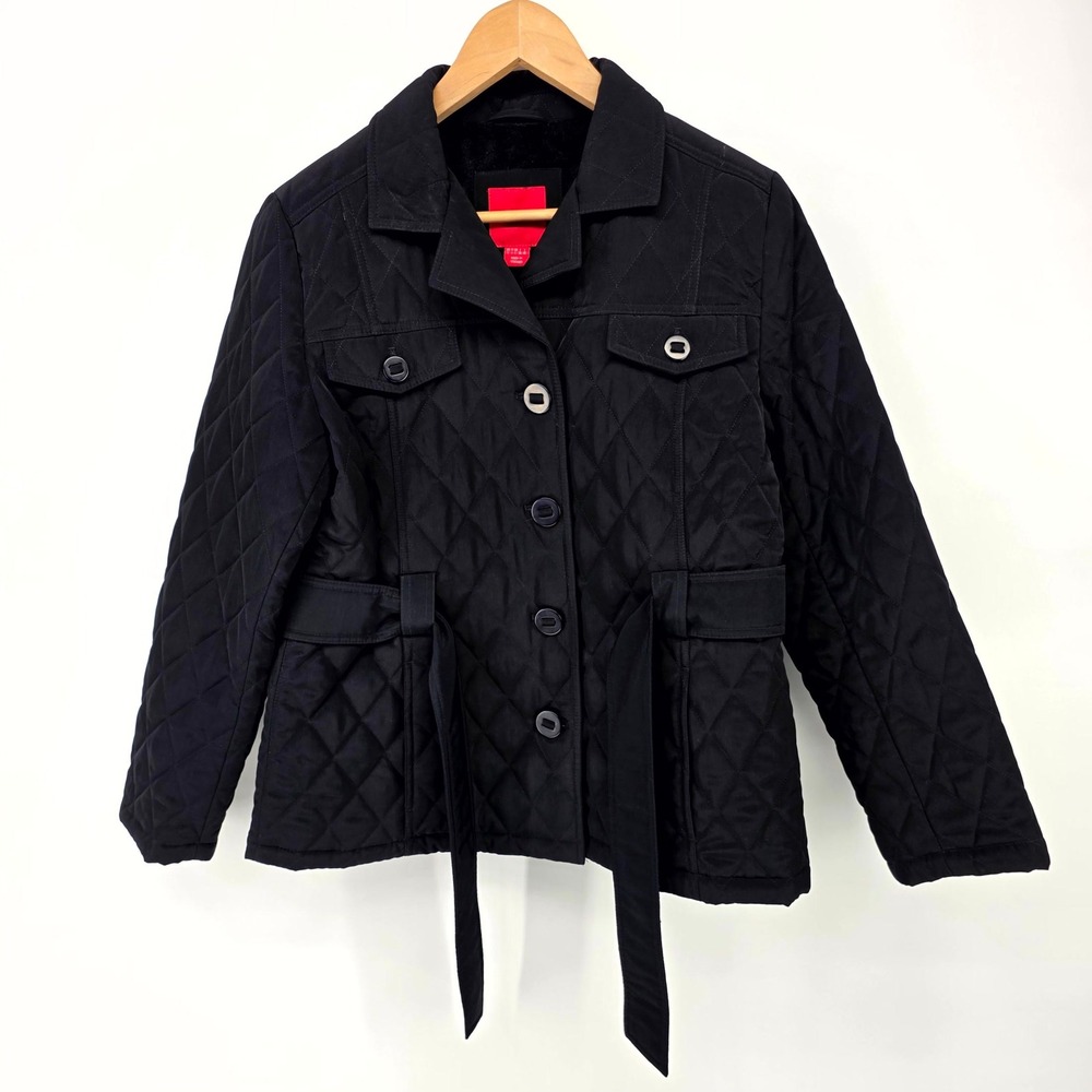 Esprit Quilted Jacket Womens Large Black Belted Diamond Stitch Button Up Coat